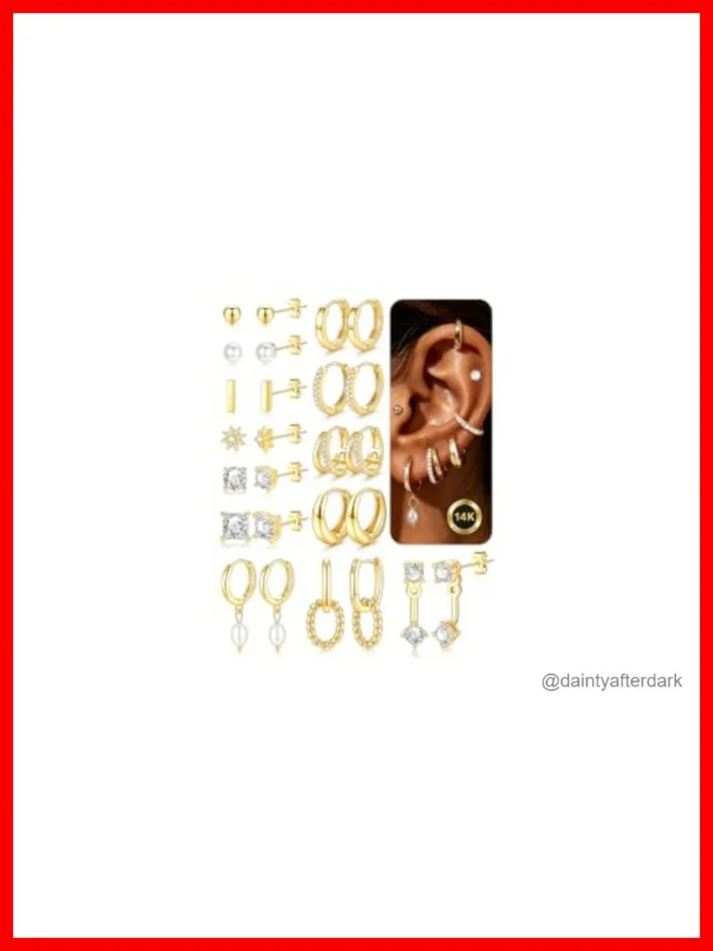 14K Gold Plated 13 Pair Earring Set Hypoallergenic Studs Hoops Dangles